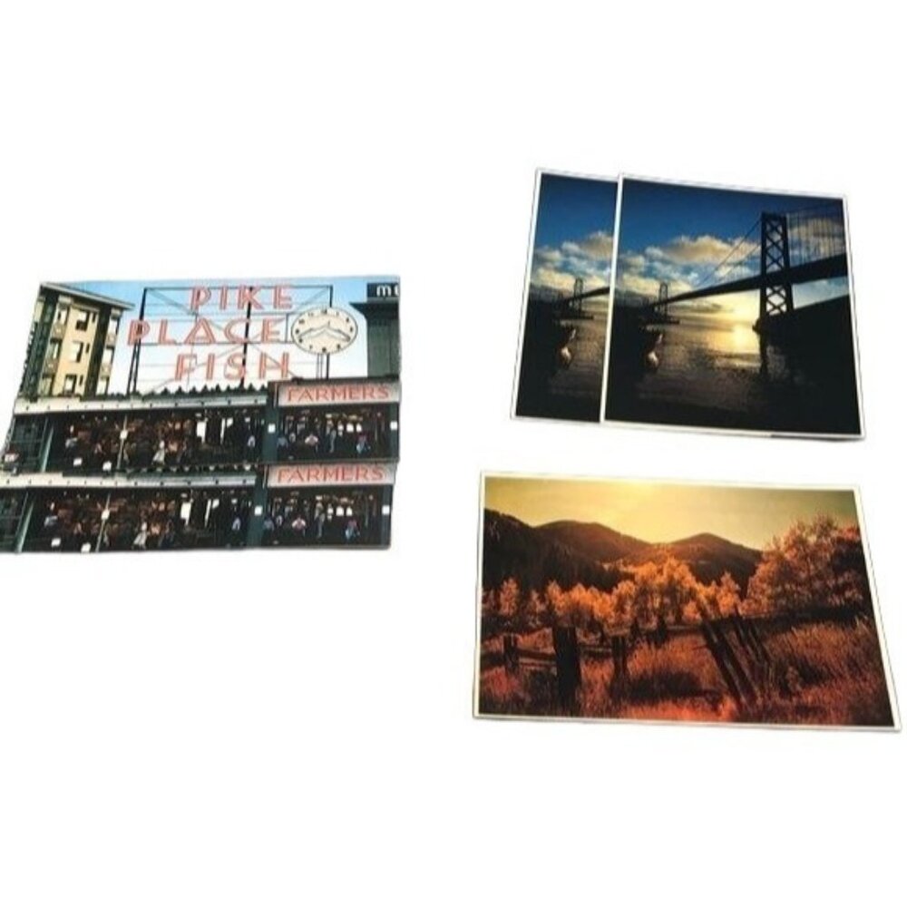 vintage set of 5 post cards San Fransico bridge pike place fish farmers READ
